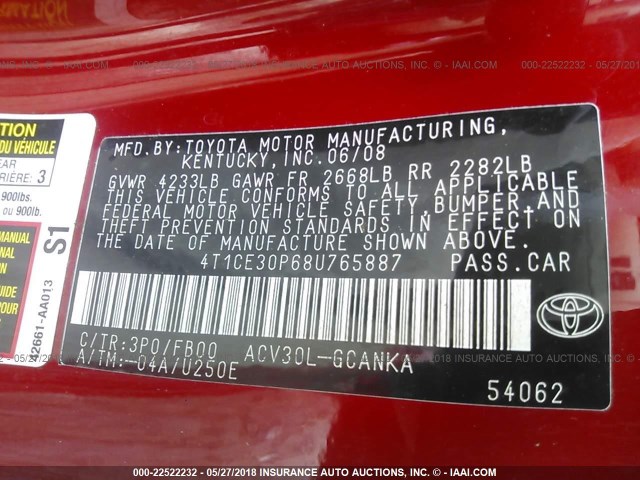 4T1CE30P68U765887 - 2008 TOYOTA CAMRY SOLARA SE/SLE/SPORT RED photo 9