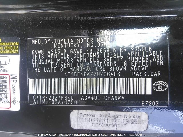 4T1BE46K77U706486 - 2007 TOYOTA CAMRY NEW GENERAT CE/LE/XLE/SE BLACK photo 9