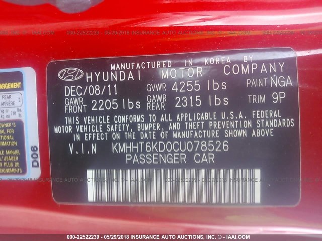 KMHHT6KD0CU078526 - 2012 HYUNDAI GENESIS COUPE 2.0T RED photo 9