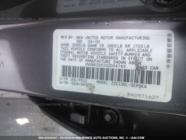 1NXBR32E33Z034743 - 2003 TOYOTA COROLLA CE/LE/S GRAY photo 9