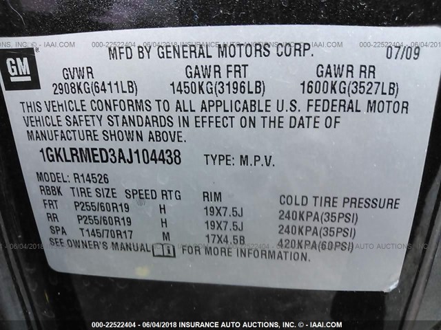 1GKLRMED3AJ104438 - 2010 GMC ACADIA SLT-1 Czarny zdjęcie 9