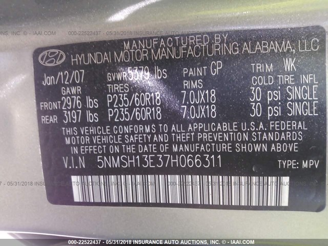 5NMSH13E37H066311 - 2007 HYUNDAI SANTA FE SE/LIMITED GREEN photo 9