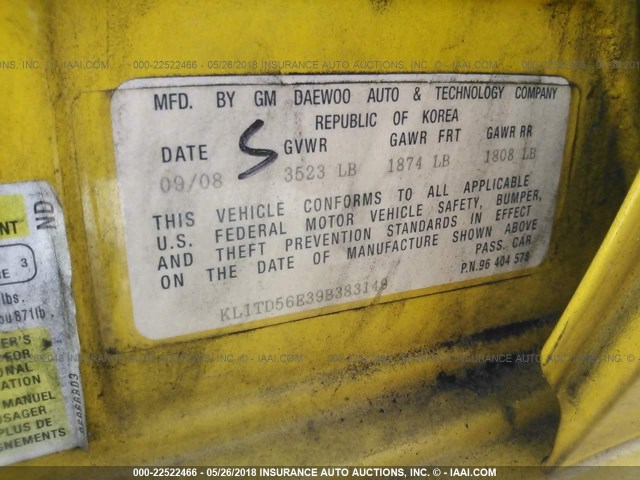 KL1TD56E39B614977 - 2009 CHEVROLET AVEO LS/LT 黄色 照片 9