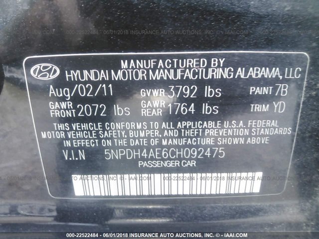 5NPDH4AE6CH092475 - 2012 HYUNDAI ELANTRA GLS/LIMITED BLACK photo 9