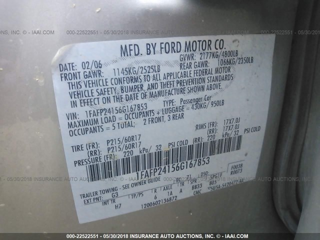 1FAFP24156G167853 - 2006 FORD FIVE HUNDRED SEL GRAY photo 9