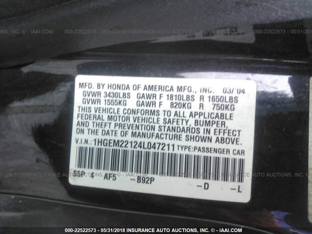 1HGEM22124L047211 - 2004 HONDA CIVIC DX VP BLACK photo 9