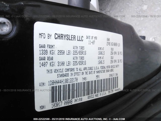 1D8HN44H18B122170 - 2008 DODGE GRAND CARAVAN SE YELLOW photo 9