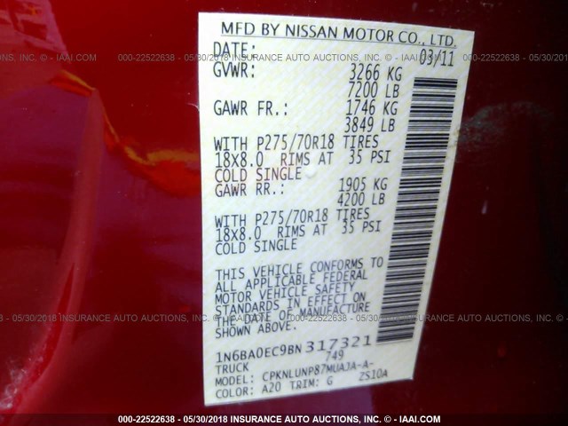 1N6BA0EC9BN317321 - 2011 NISSAN TITAN S/SV/SL/PRO-4X RED photo 9