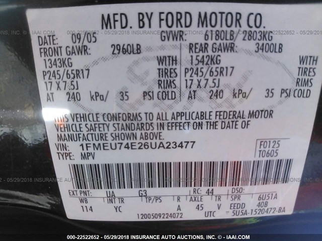 1FMEU74E26UA23477 - 2006 FORD EXPLORER EDDIE BAUER BLACK photo 9