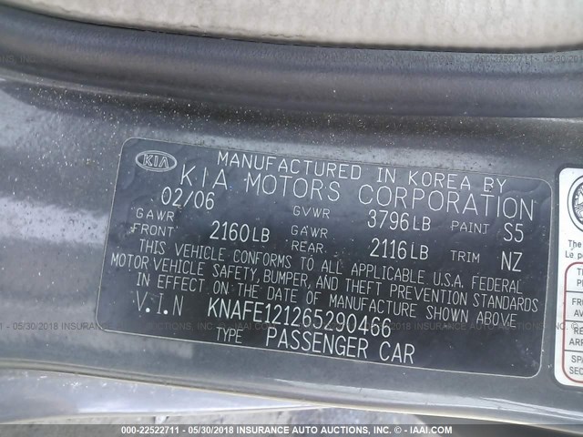 KNAFE121265290466 - 2006 KIA NEW SPECTRA LX/EX GRAY photo 9