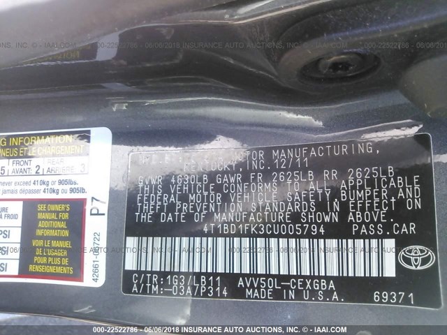 4T1BD1FK3CU005794 - 2012 TOYOTA CAMRY HYBRID/LE/XLE 灰色 照片 9