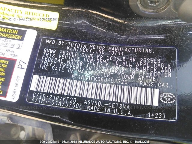 4T1BF1FK0FU491320 - 2015 TOYOTA CAMRY LE/XLE/SE/XSE BLACK photo 9