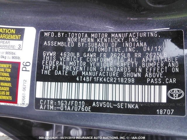 4T4BF1FK4CR218298 - 2012 TOYOTA CAMRY SE/LE/XLE 灰色 照片 9