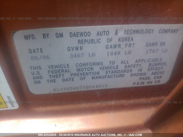 KL1TD56677B044013 - 2007 CHEVROLET AVEO LS ORANGE photo 9