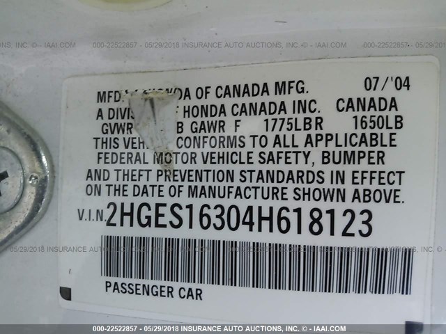 2HGES16304H618123 - 2004 HONDA CIVIC DX VP თეთრი ფოტო 9