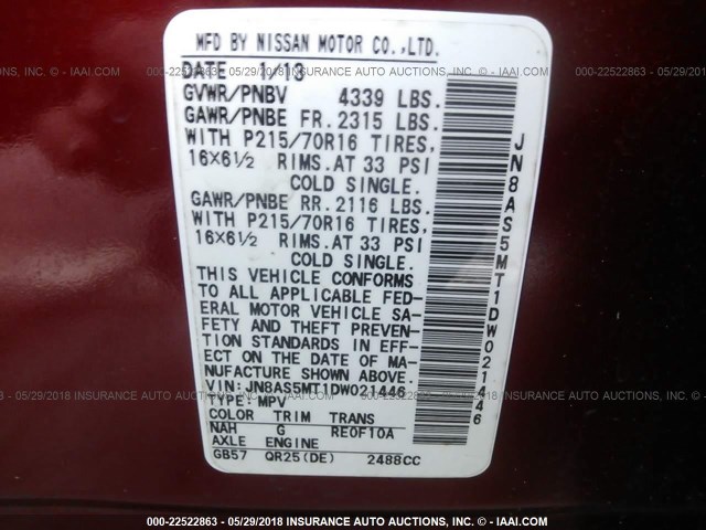 JN8AS5MT1DW021446 - 2013 NISSAN ROGUE S/SV RED photo 9
