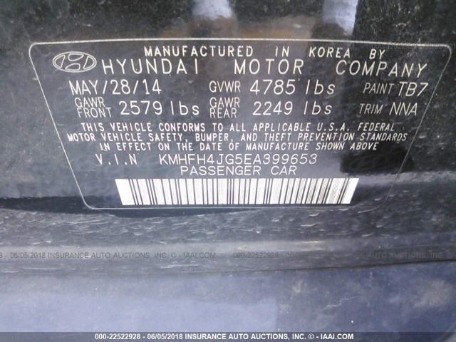 KMHFH4JG5EA399653 - 2014 HYUNDAI AZERA GLS/LIMITED BLACK photo 9