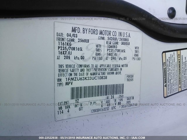 1FMZU63K33UC10838 - 2003 FORD EXPLORER XLT/XLT SPORT/NBX 白色 照片 9