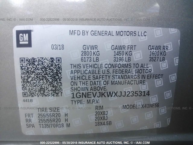 1GNEVJKWXJJ235314 - 2018 CHEVROLET TRAVERSE PREMIER GRAY photo 9