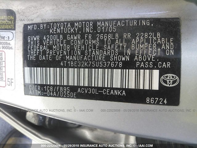 4T1BE32K75U537678 - 2005 TOYOTA CAMRY LE/XLE/SE ვერცხლისფერი ფოტო 9