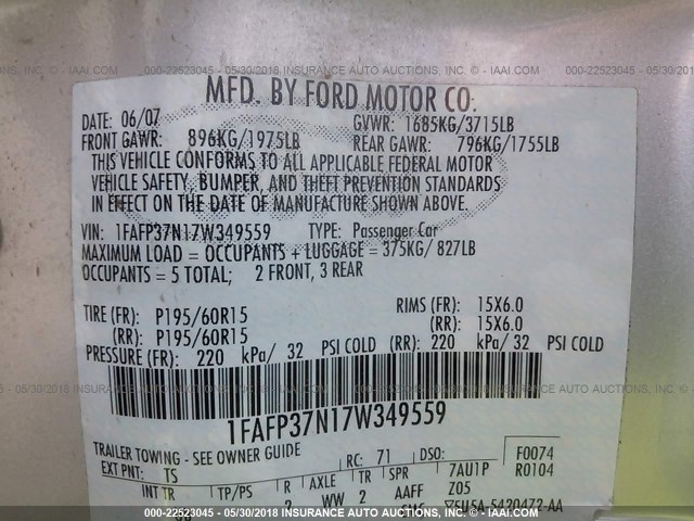 1FAFP37N17W349559 - 2007 FORD FOCUS ZX5/S/SE/SES 银色 照片 9