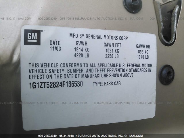 1G1ZT52824F136530 - 2004 CHEVROLET MALIBU LS 金色 照片 9