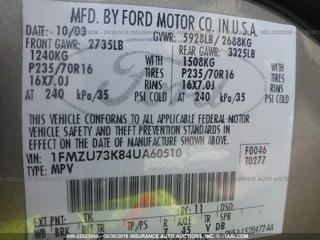 1FMZU73K84UA60510 - 2004 FORD EXPLORER XLT/XLT SPORT/NBX 金色 照片 9