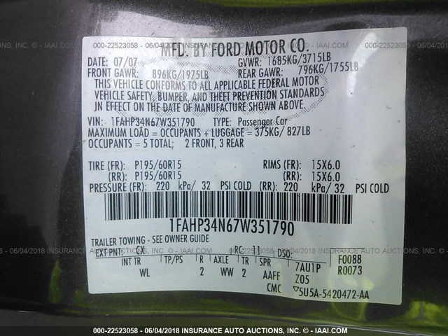 1FAHP34N67W351790 - 2007 FORD FOCUS ZX4/S/SE/SES GRAY photo 9