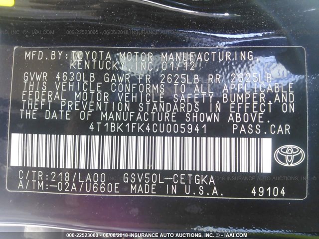 4T1BK1FK4CU005941 - 2012 TOYOTA CAMRY SE/XLE BLACK photo 9