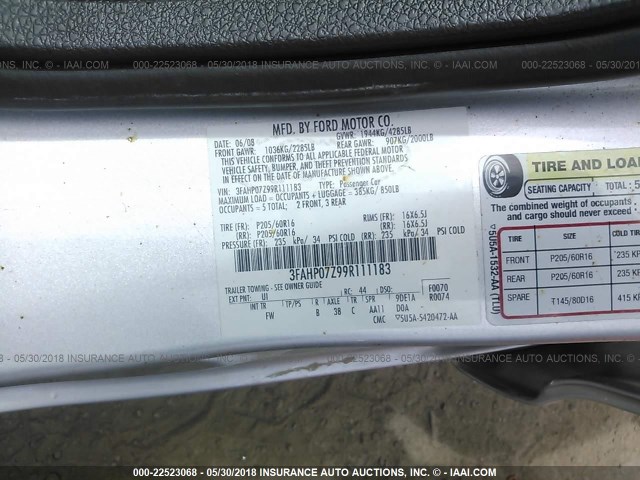 3FAHP07Z99R111183 - 2009 FORD FUSION SE SILVER photo 9