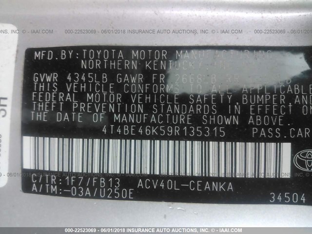 4T4BE46K59R135315 - 2009 TOYOTA CAMRY SE/LE/XLE SILVER photo 9