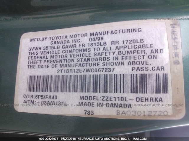 2T1BR12E7WC067237 - 1998 TOYOTA COROLLA VE/CE/LE 绿色 照片 9