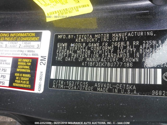 4T1BF3EK7BU777186 - 2011 TOYOTA CAMRY SE/LE/XLE ნაცრისფერი ფოტო 9