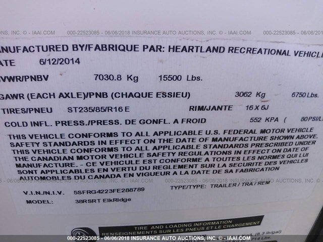 5SFR64223FEZ88789 - 2015 HEARTLAND ELKRIDGE  棕色 照片 9