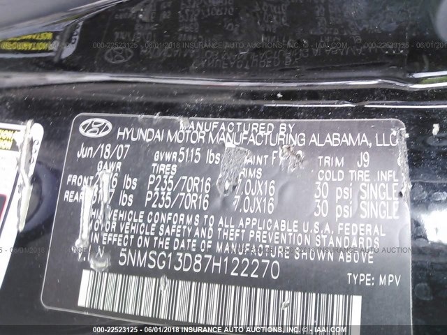 5NMSG13D87H122270 - 2007 HYUNDAI SANTA FE GLS BLACK photo 9