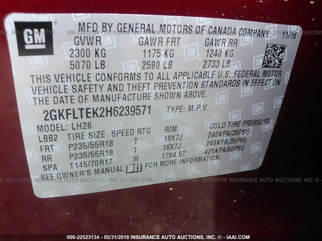 2GKFLTEK2H6239571 - 2017 GMC TERRAIN SLE RED photo 9