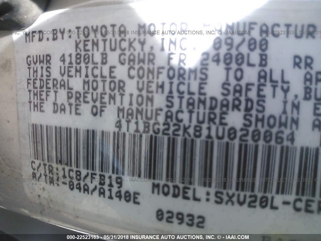 4T1BG22K81U020064 - 2001 TOYOTA CAMRY CE/LE/XLE SILVER photo 9