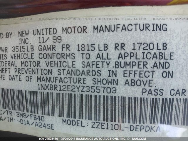 1NXBR12E2YZ355703 - 2000 TOYOTA COROLLA VE/CE/LE 红色 照片 9