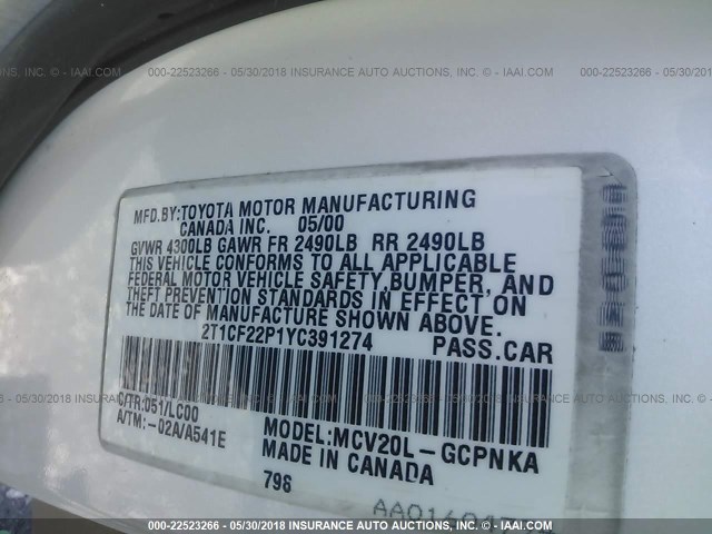 2T1CF22P1YC391274 - 2000 TOYOTA CAMRY SOLARA SE/SLE თეთრი ფოტო 9