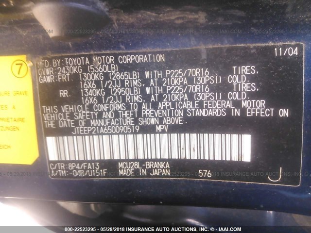 JTEEP21A650090519 - 2005 TOYOTA HIGHLANDER LIMITED BLUE photo 9