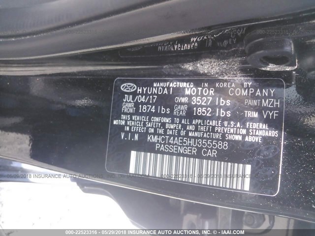 KMHCT4AE5HU355588 - 2017 HYUNDAI ACCENT SE BLACK photo 9