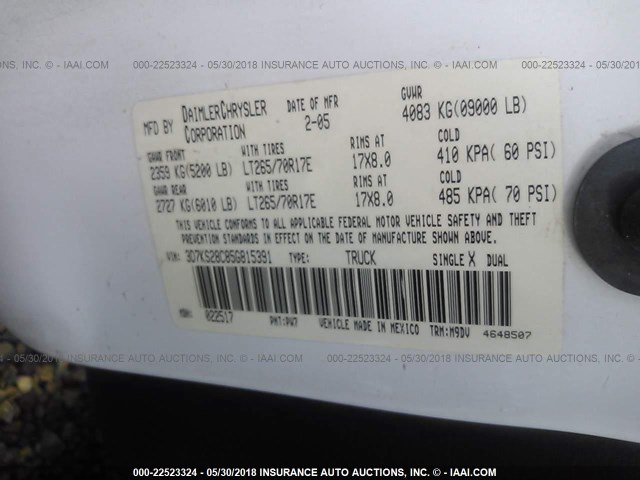 3D7KS28C85G815391 - 2005 DODGE RAM 2500 ST/SLT 白色 照片 9