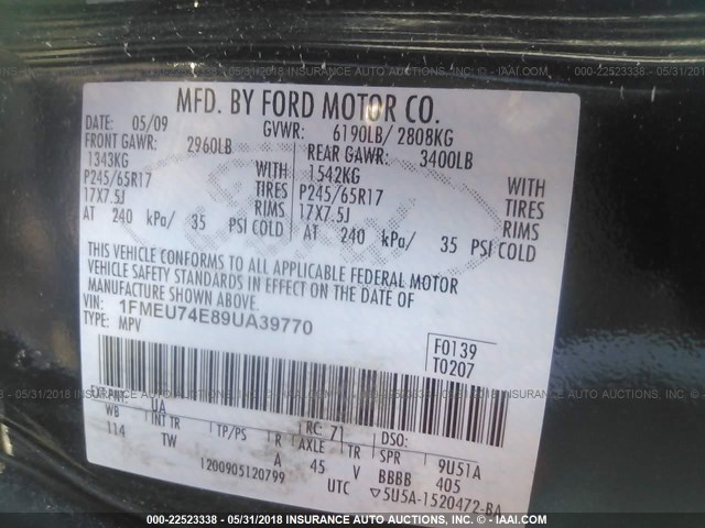 1FMEU74E89UA39770 - 2009 FORD EXPLORER EDDIE BAUER BLACK photo 9