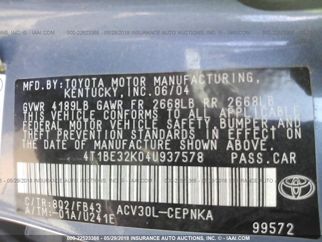 4T1BE32K04U937578 - 2004 TOYOTA CAMRY LE/XLE/SE Mavi foto 9