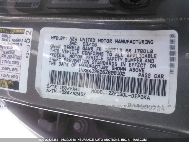 1NXBR32E26Z698102 - 2006 TOYOTA COROLLA CE/LE/S GRAY photo 9