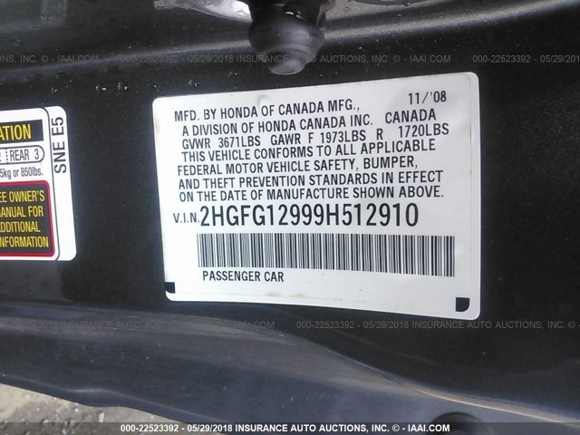2HGFG12999H512910 - 2009 HONDA CIVIC EXL GRAY photo 9