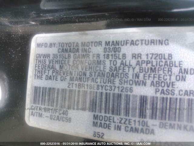 2T1BR18E8YC371266 - 2000 TOYOTA COROLLA VE/CE/LE 绿色 照片 9