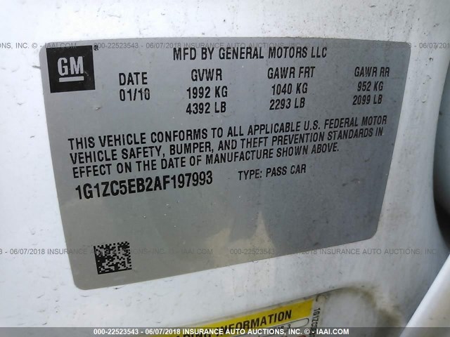 1G1ZC5EB2AF197993 - 2010 CHEVROLET MALIBU 1LT 白色 照片 9