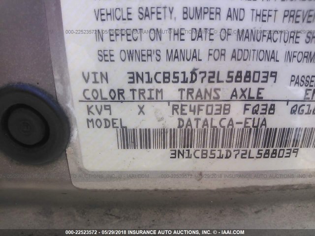 3N1CB51D72L588039 - 2002 NISSAN SENTRA XE/GXE GRAY photo 9