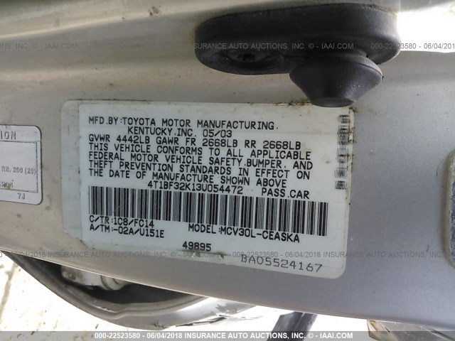 4T1BF32K13U054472 - 2003 TOYOTA CAMRY LE/XLE/SE ვერცხლისფერი ფოტო 9